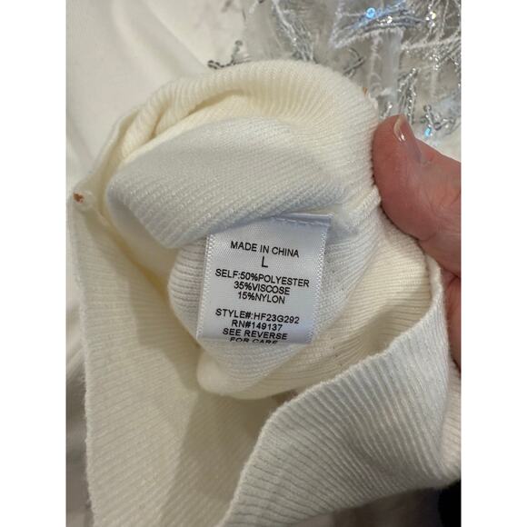 Hyfve Sweater Womens L Ivory Holiday Party Knit Sequin Fringe Sleeve Mock Neck - Picture 6 of 11